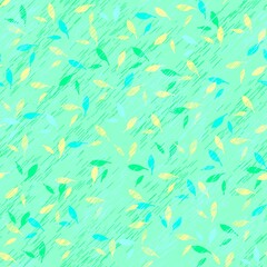 Light green seamless abstract pattern of multi-colored silhouettes of leaves on a background with subtle colored strokes like rain.