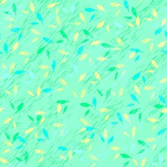 Light green seamless abstract pattern of multi-colored silhouettes of leaves on a background with subtle colored strokes like rain.