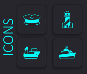 Set Speedboat, Captain hat, Lighthouse and Cargo ship icon. Black square button. Vector