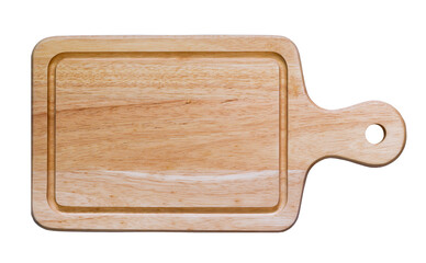 Isolated cutting wooden board on white background. top view.