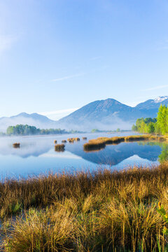 Epic landscape photo with morning fog in a moorland area in the mountains of the Bavarian Alps