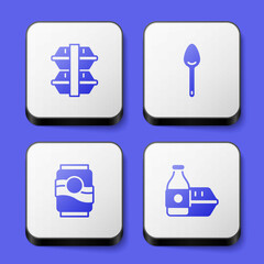Set Lunch box, Spoon, Soda can and Online ordering food icon. White square button. Vector