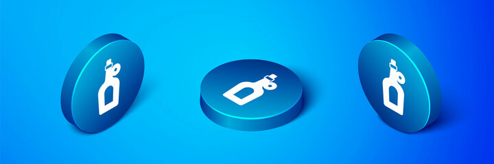 Isometric Bottle of maple syrup icon isolated on blue background. Blue circle button. Vector - obrazy, fototapety, plakaty