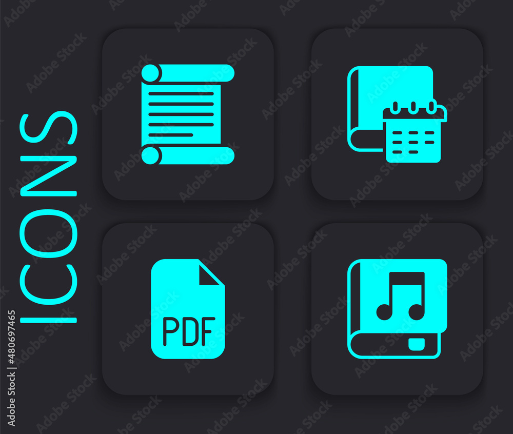 Poster set audio book, decree, parchment, scroll, daily paper notepad and pdf file document icon. black squ