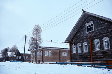 winter landscape russian village north wooden house