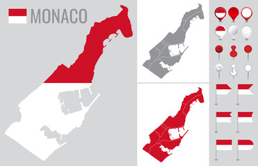 Monaco vector map with flag, globe and icons on white background