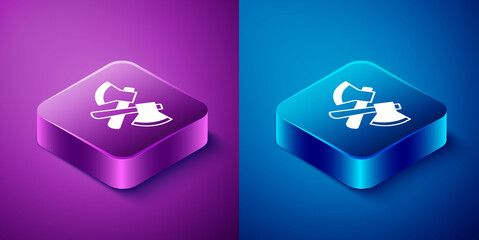 Isometric Wooden axe icon isolated on blue and purple background. Lumberjack axe. Square button. Vector