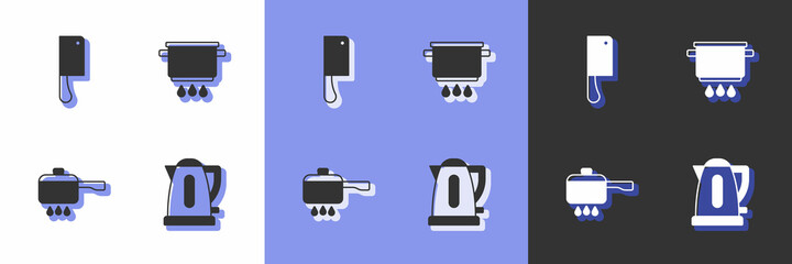 Set Electric kettle, Meat chopper, Cooking pot on fire and icon. Vector