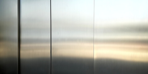 Fototapeta na wymiar Stainless steel large sheet With light hitting the surface For background,Inside passenger elevator,Reflection of light on a shiny metal surface.