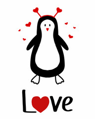 Vector illustration of a penguin with hearts. Happy valentine's day card. Minimalist valentine's day card in doodle style.