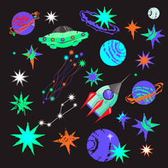 Fototapeta premium Space icons set with alien spaceship and rocket, planets and stars, cartoon flat vector illustration isolated on black background. Space and galaxy items bundle.
