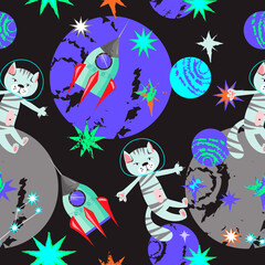 Space childish seamless pattern design with cute cat astronaut flying among planets and stars, cartoon flat vector illustration. Vector repeatable endless texture for wallpaper and clothing.