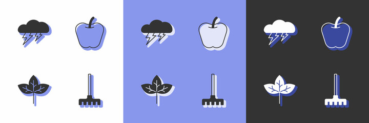 Set Garden rake, Cloud and lightning, Leaf and Apple icon. Vector