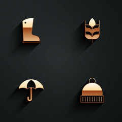 Set Waterproof rubber boot, Wheat, Umbrella and Winter hat icon with long shadow. Vector