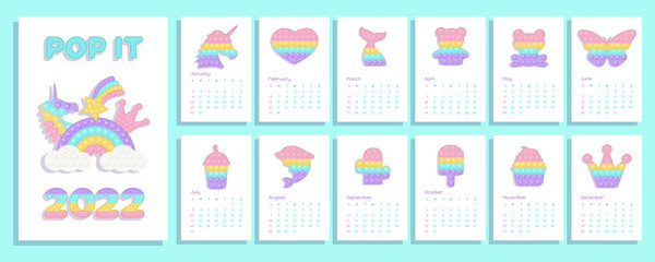 Pop it pastel calendar 2022 with fidget toys figures. Vector illustration in popit style as fashionable silicone toy for fidgets. Printable wall vertical calendar with kids illustrations.
