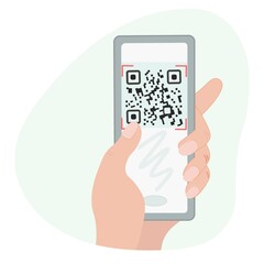A hand holds a phone with a qr code on the screen. Scan code over the phone. Sticker Qr. Vector flat isolated illustration.