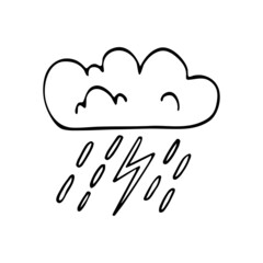 The weather is stormy cloudy with rain and lightning. Vector doodle cloud. Hand drawn meteorological forecast symbols. Cold storm season. Thin line web design icon.