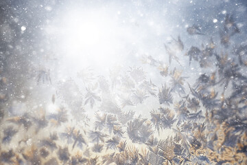 frost patterns on window glass, abstract background winter rime snow