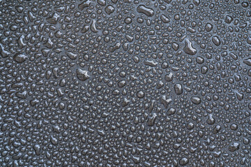 Drops, drips, blobs, beads, dribbles of water on the black teflon surface. Monochrome black and white macro or closeup background or texture