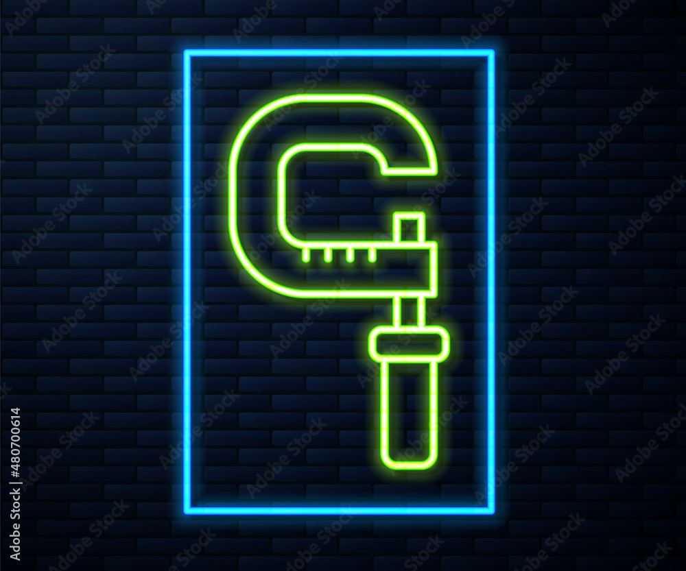 Poster glowing neon line micrometer icon isolated on brick wall background. measuring engineer tool. univer