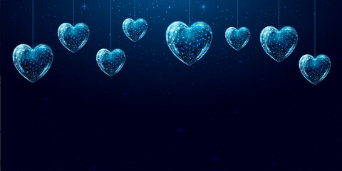 Obraz na płótnie Canvas Hanging blue hearts. Saint Valentines day concept with glowing low poly hearts. Futuristic modern abstract. Isolated on dark blue background. Vector illustration