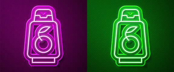 Glowing neon line Bottle of shampoo icon isolated on purple and green background. Vector