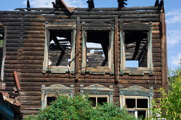 Old wooden house after a fire