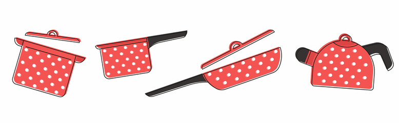 complete set of kitchen equipment, kitchen utensils. Flat style vector illustration. Colorful red, white and black. Black stroke