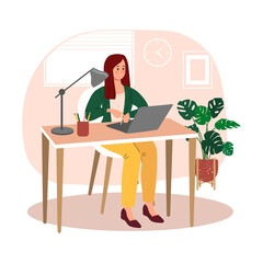 A woman works with a laptop on her desktop. Flat-style vector illustration isolated on a white background. Office worker or student. Online learning