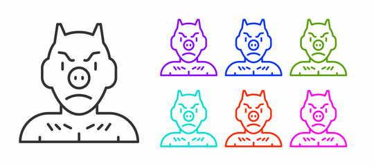 Black line Krampus, heck icon isolated on white background. Horned devil. Traditional Christmas devil. Happy Halloween party. Set icons colorful. Vector