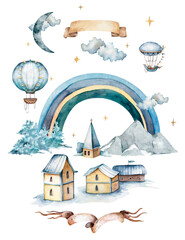 watercolor houses with church, balloons, rainbow, clouds, forest, moon and mountains in pastel colors