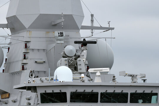Kanagawa, Japan - September 05, 2021:Royal Netherlands Navy Signaal (now: Thales Nederland) Goalkeeper CIWS (close-in weapon system) on HNLMS Evertsen (F805).