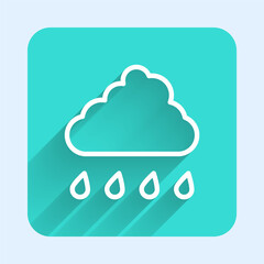 White line Cloud with rain icon isolated with long shadow background. Rain cloud precipitation with rain drops. Green square button. Vector