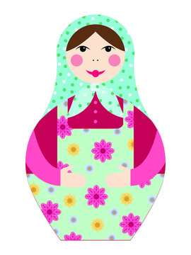 Vector graphics - traditional Russian wooden matryoshka doll with a bright floral pattern isolated. Concept - national souvenir