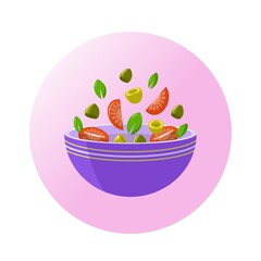 Tomato slices, capers, green basil leaves and olive slices in a salad bowl.