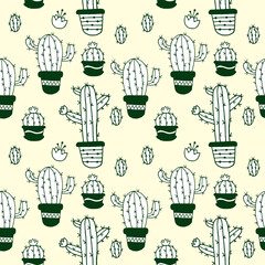 Sketch with cacti, seamless vector pattern, doodle, hand drawing