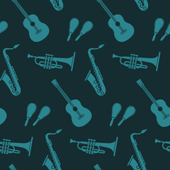 Seamless pattern with musical instruments in the color of turkiz. Color vector illustration for fabrics, backgrounds, paper.