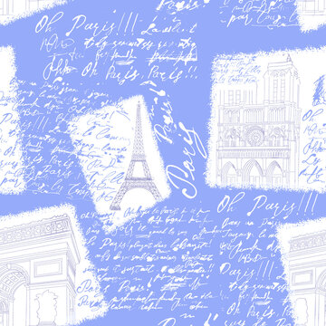 Seamless pattern with the sights of Paris in very peri color. The Eiffel Tower, Notre Dame de Paris, the Arc de Triomphe in the engraved style with handwritten text.