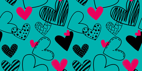 Seamless pattern with hand drawn doodle hearts. Valentine's day pop art in bright trendy retro colors. Love concept. Fashionable valentine's day background. Vector illustration