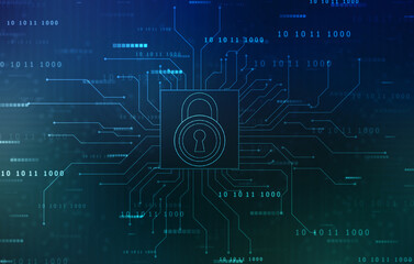 Digital Padlock on abstract technology background, Technology security concept. Modern safety digital background. Protection system, Cyber Security and safety information, personal data concept
