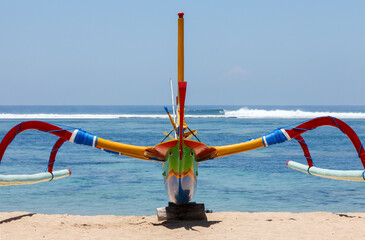 Indonesia, Bali, Sanur, fishing outriggers on the beach of Sanur