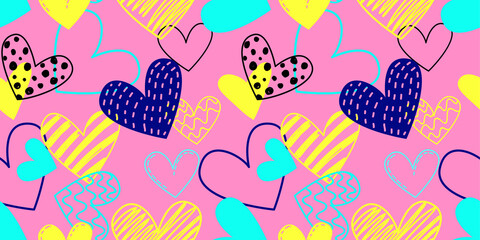 Seamless pattern with hand drawn doodle hearts. Valentine's day pop art in bright trendy retro colors. Love concept. Fashionable valentine's day background. Vector illustration