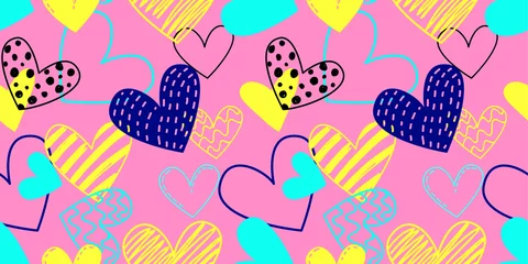 Fototapeten Seamless pattern with hand drawn doodle hearts. Valentine's day pop art in bright trendy retro colors. Love concept. Fashionable valentine's day background. Vector illustration © Наталья Трубочнова