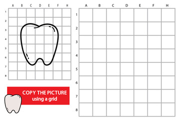 Vector illustration of grid copy picture educational puzzle game with doodle  first  tooth 
