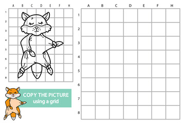 Vector illustration of grid copy picture educational puzzle game with doodle fox comforter