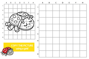 Vector illustration of grid copy picture educational puzzle game with doodle ladybug