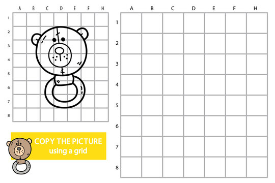 Vector illustration of grid copy picture educational puzzle game with doodle bear rattle