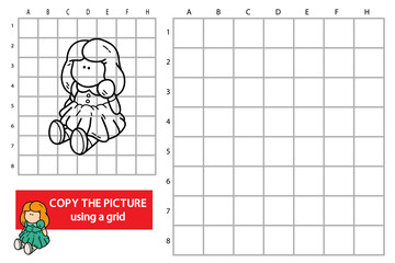 Vector illustration of grid copy picture educational puzzle game with doodle doll
