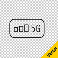 Black line 5G new wireless internet wifi connection icon isolated on transparent background. Global network high speed connection data rate technology. Vector