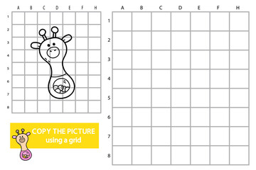 Vector illustration of grid copy picture educational puzzle game with doodle giraffe rattle